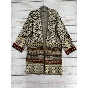 Vertigo Animal Print Open Front Cardigan Sweater Womens Medium Brown Beige